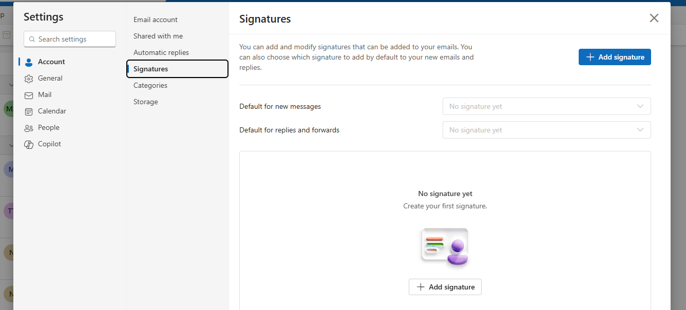 OWA Signatures settings page showing roaming signatures are enabled