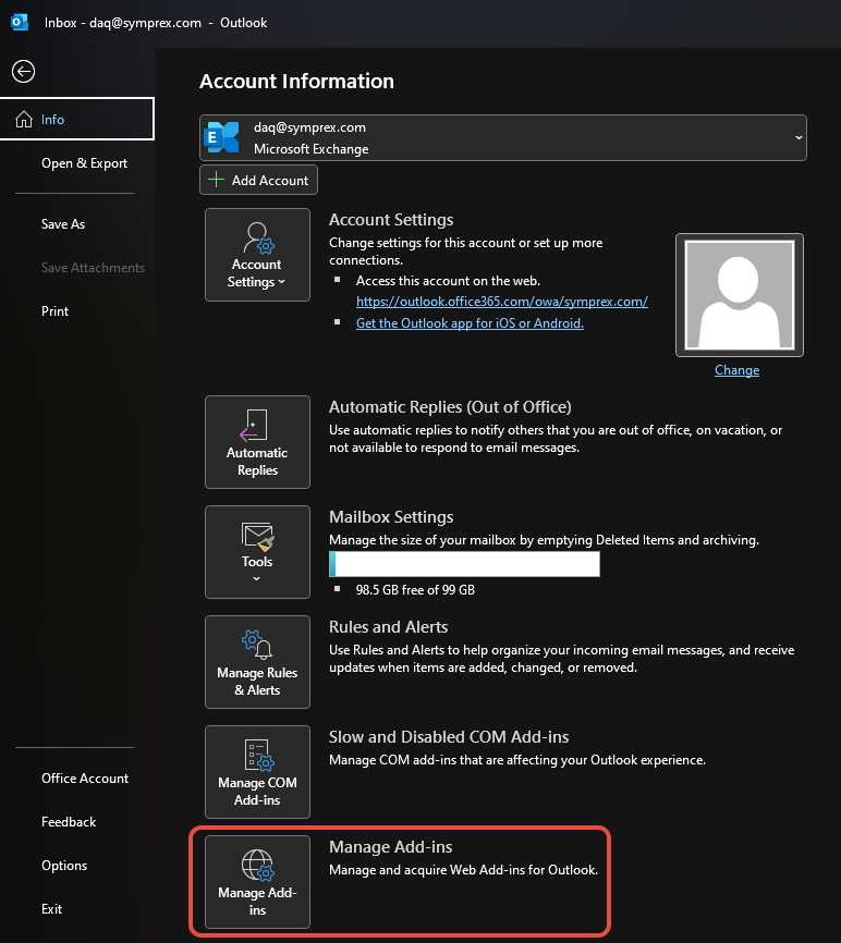 Classic Outlook File menu with Manage Add-ins option highlighted