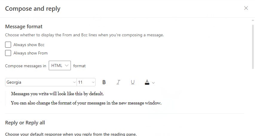 Outlook settings Compose and reply section with Email signature option removed