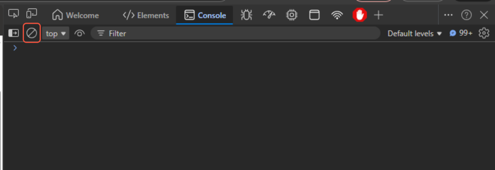 Edge DevTools Console tab with the clear icon highlighted