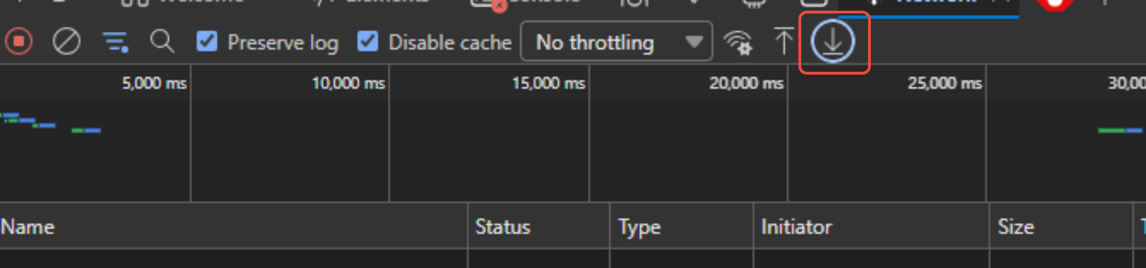 Edge DevTools Network tab with the Export HAR download button highlighted