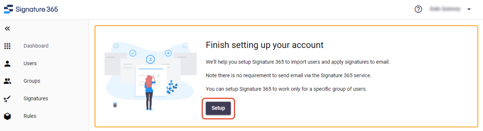 Dashboard with Finish setting up your account card and Setup wizard button