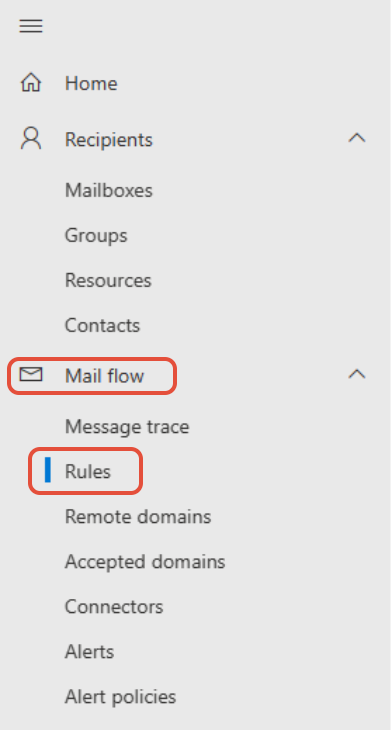 Exchange admin center Mail flow Rules menu