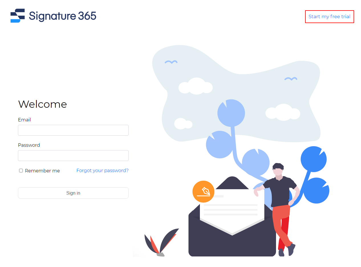 Signature 365 app homepage with the Start my free trial button in the upper right corner