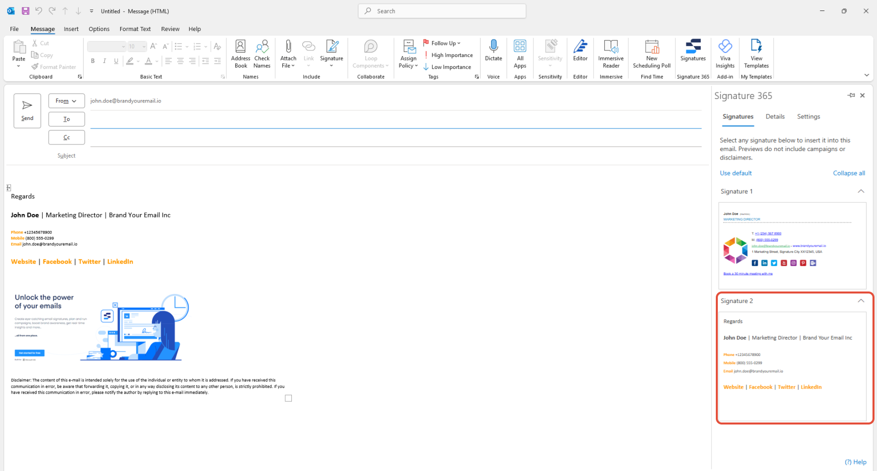 Signature 365 task pane showing multiple signature previews for selection