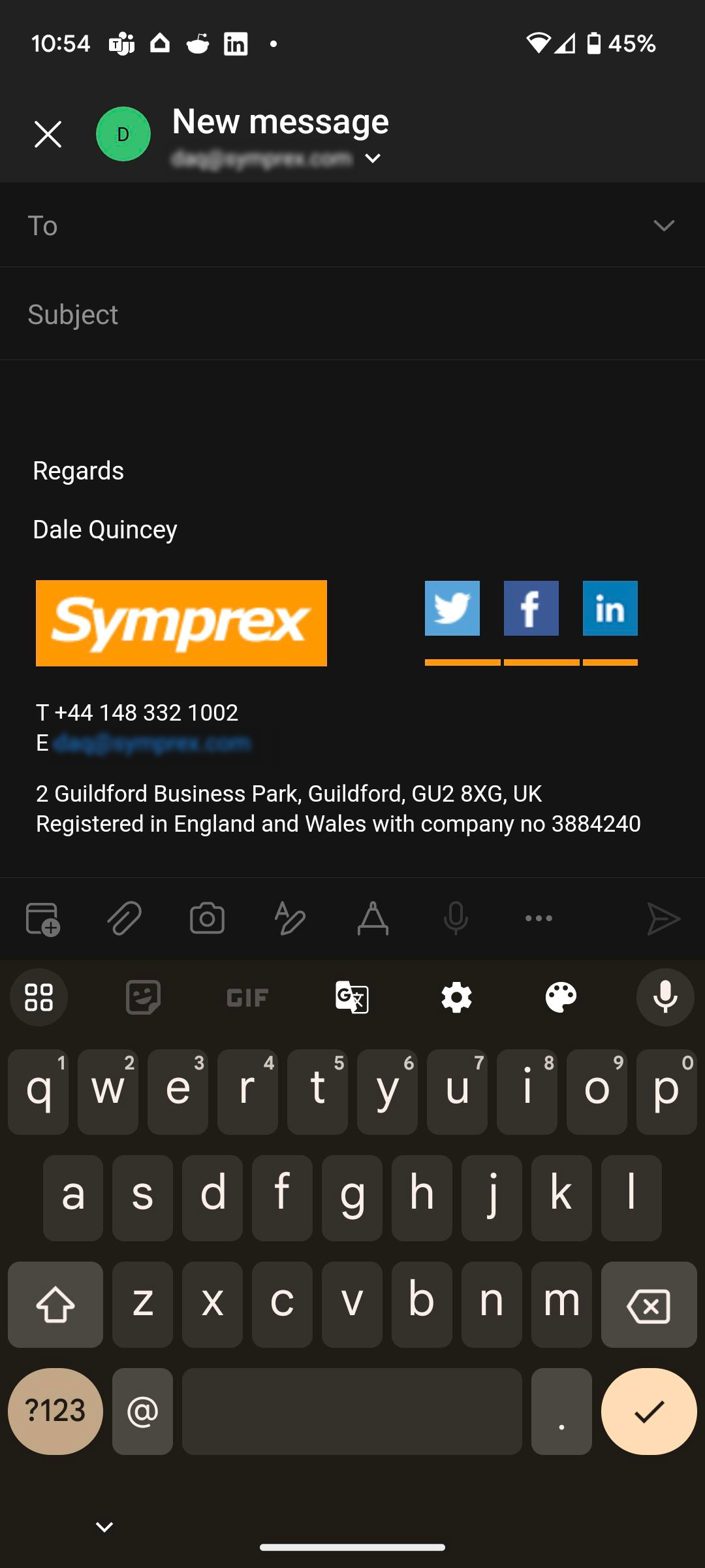 Outlook mobile email compose window with Signature 365 signature automatically inserted