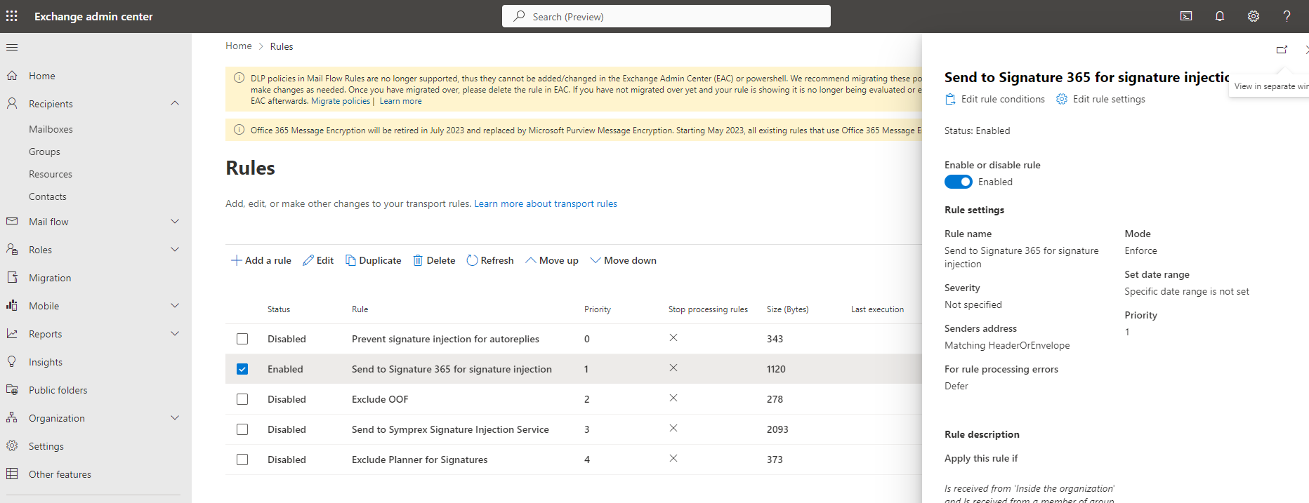 Exchange Admin Center transport rules list with Send to Signature 365 rule