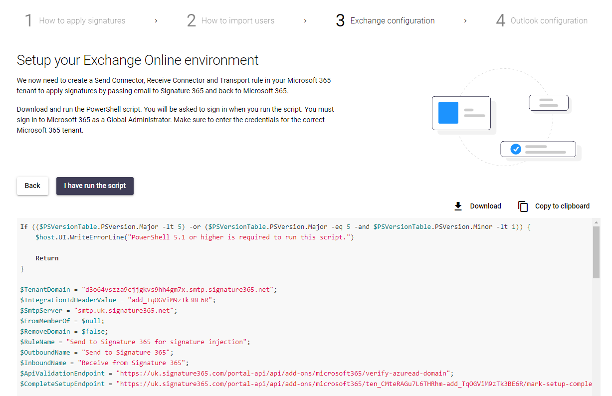 Manual setup page showing PowerShell script download and copy options
