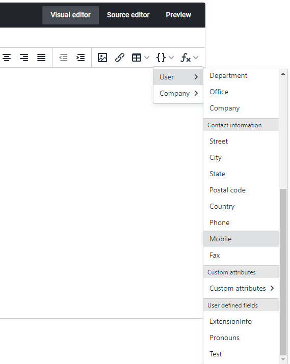 Template editor field picker showing custom fields in the User defined fields section