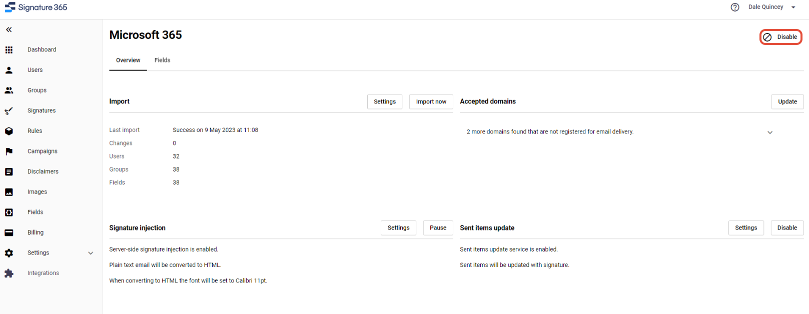 Disable button on the Microsoft 365 integration page